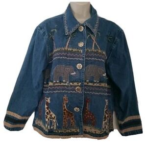 New Directions Blue Denim Chore Coat Embroided Giraffe Elephant Tribal Size M